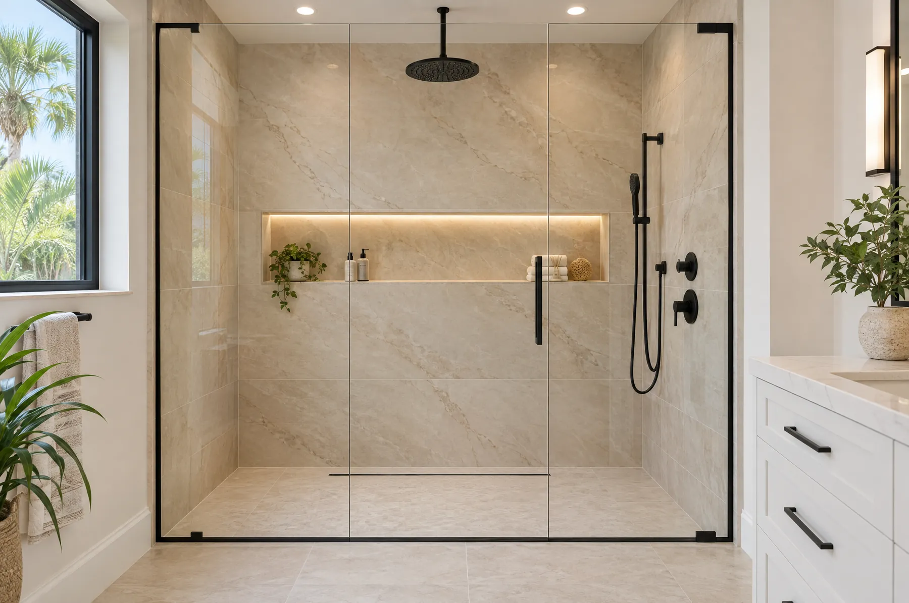 Walk-in shower with frameless glass and lighted niche