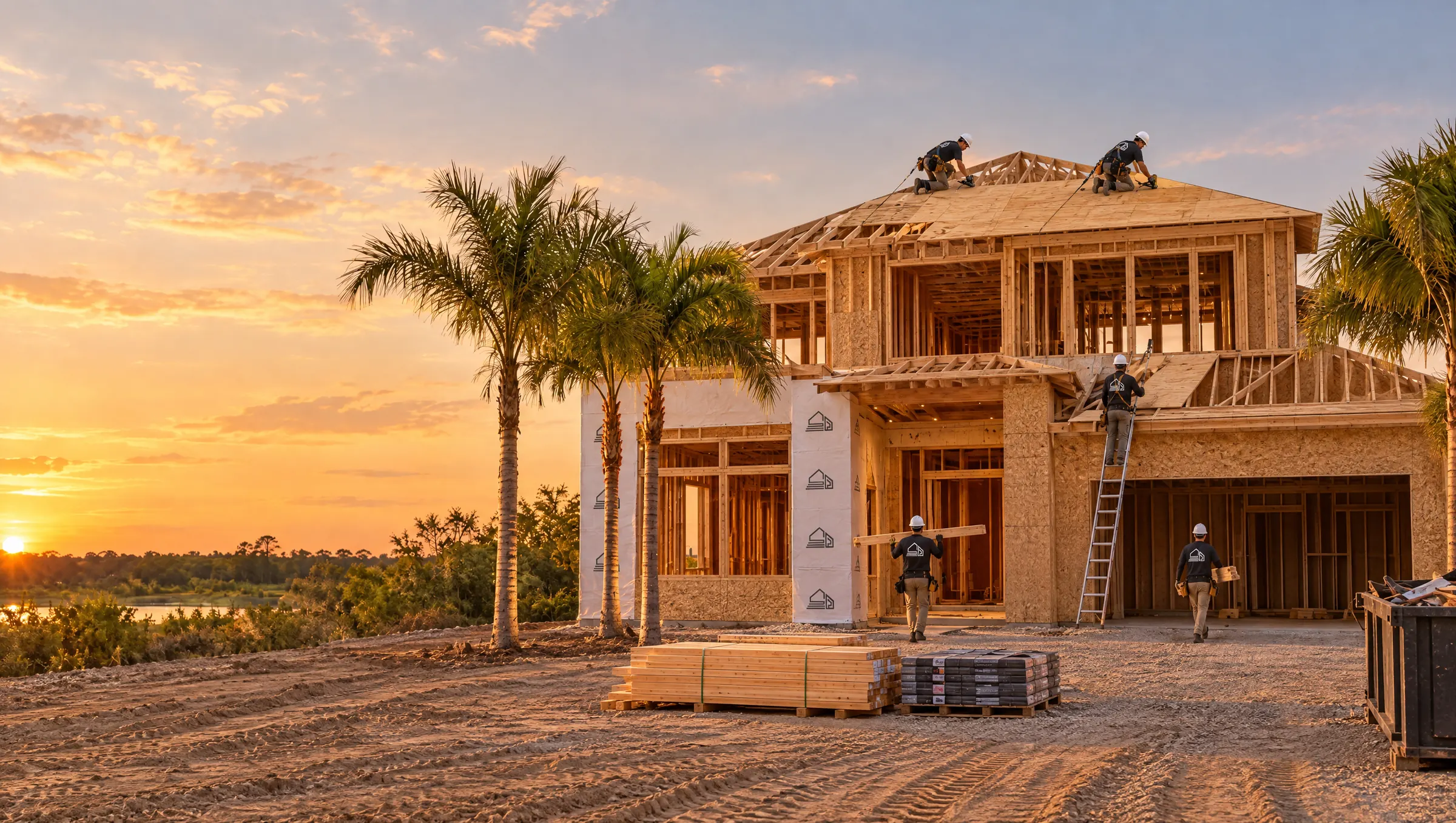 House under construction: wood framing with the Solutions Perfect crew working on the roof