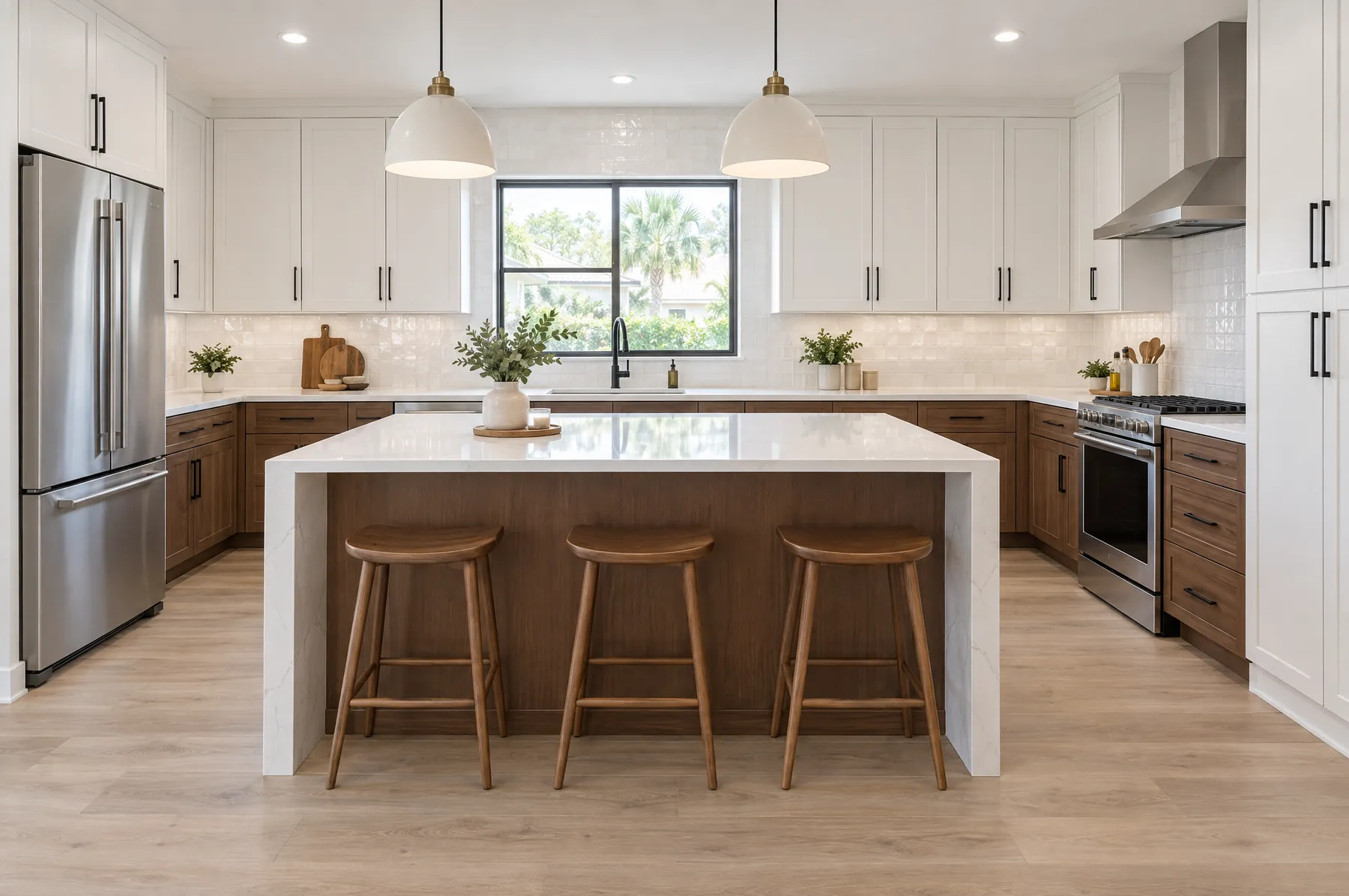 Remodeled two-tone kitchen with waterfall quartz island