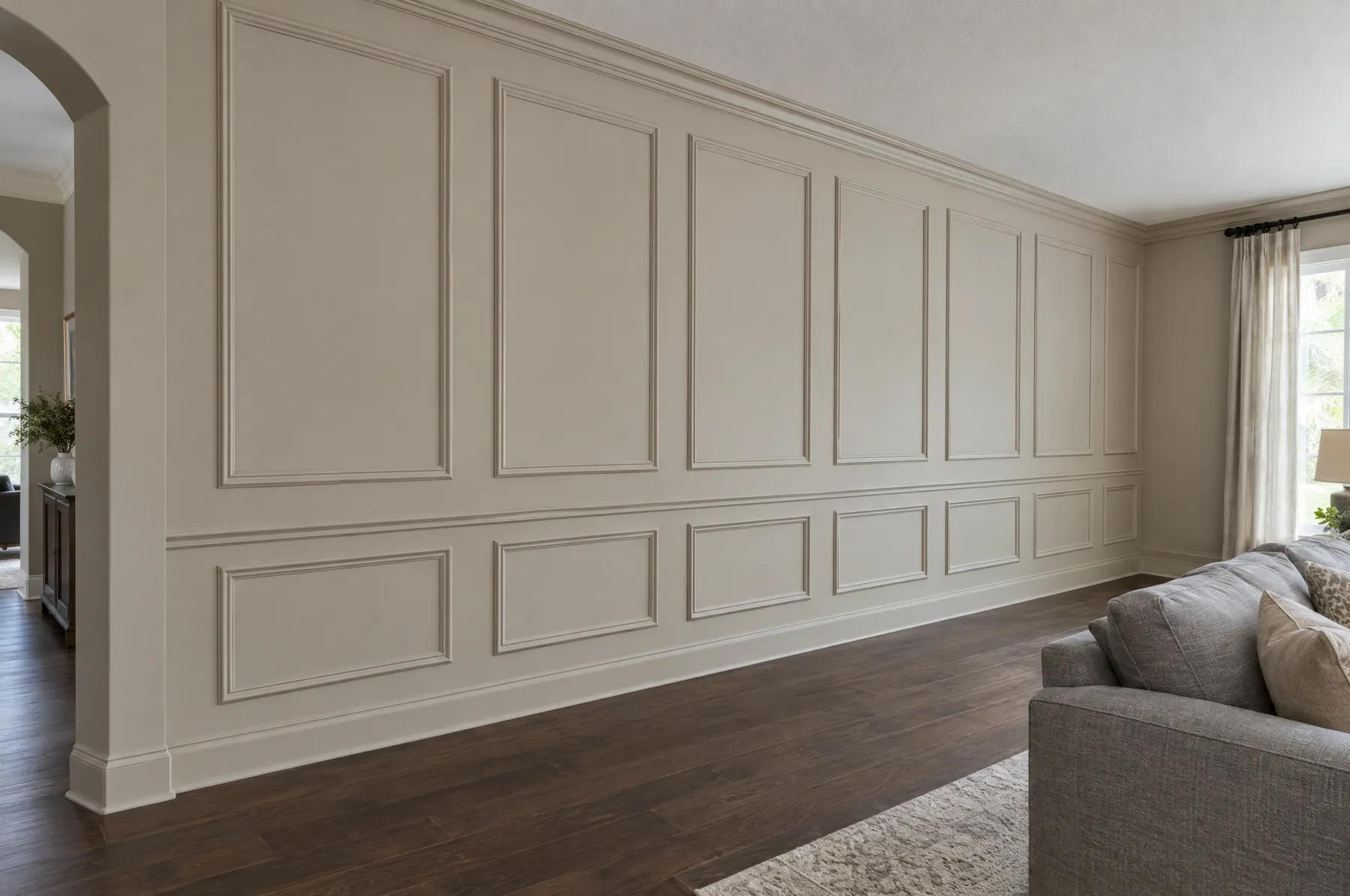 Living room wall with picture-frame molding panels