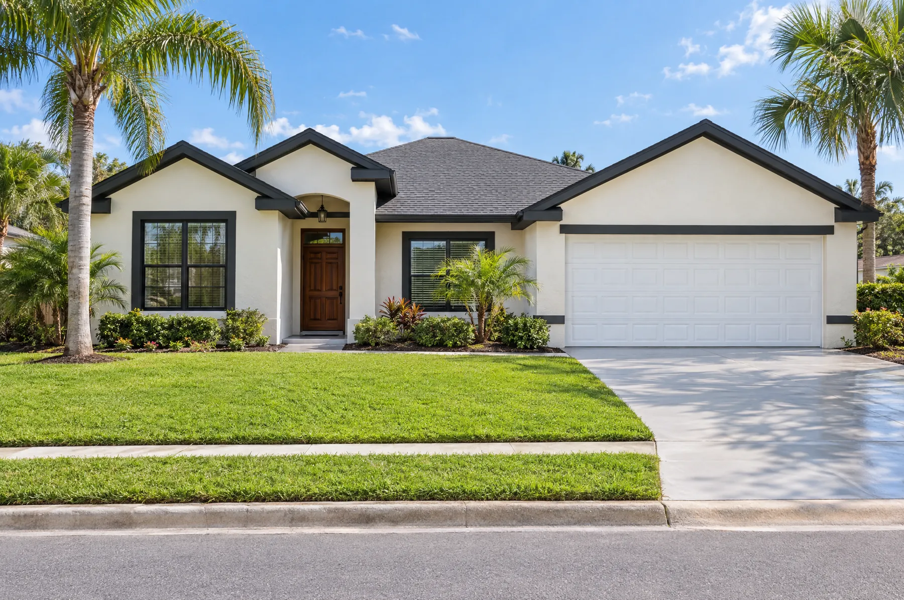 Freshly painted stucco home with charcoal trim