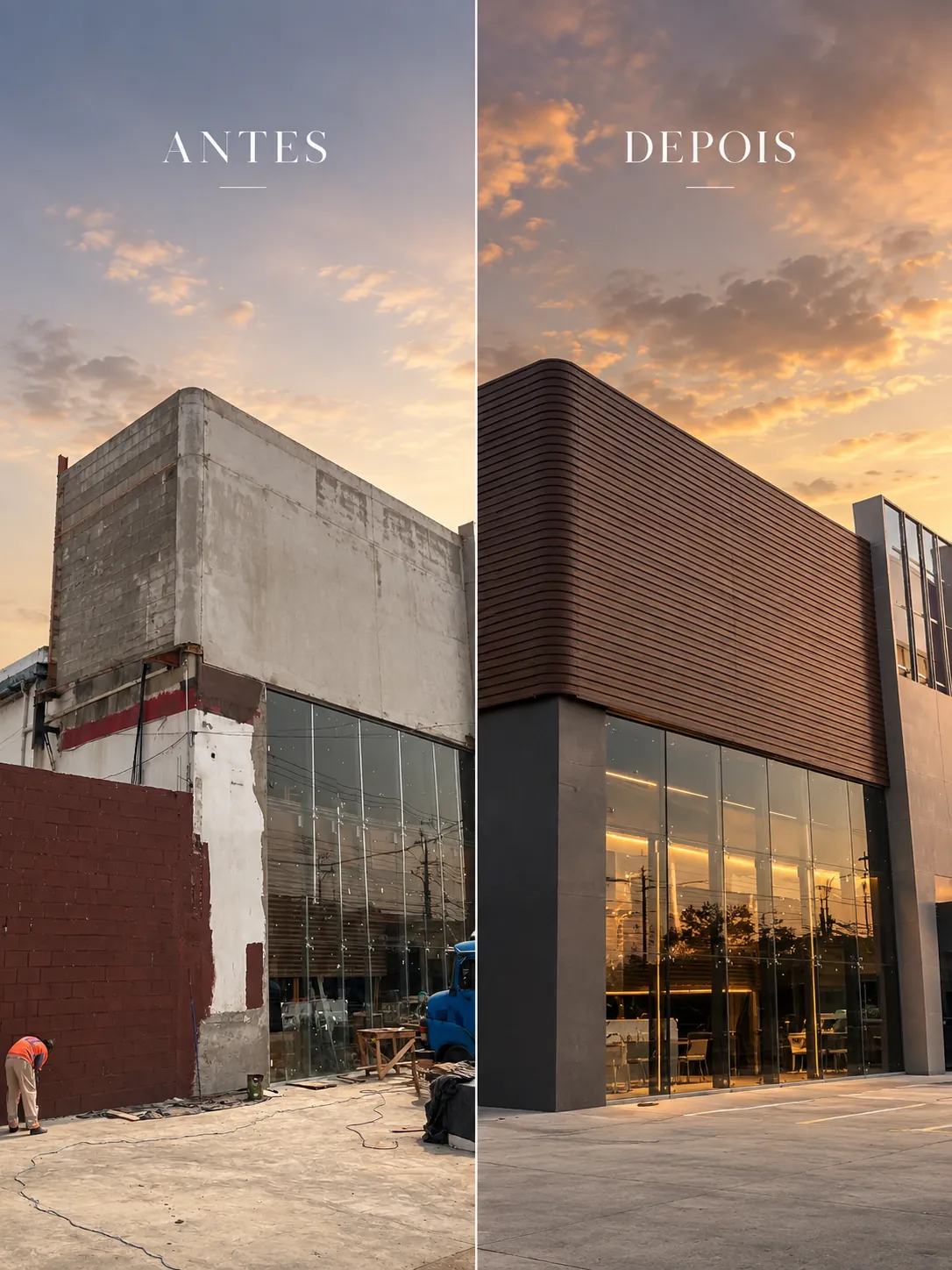 Commercial building before and after wood-slat facade