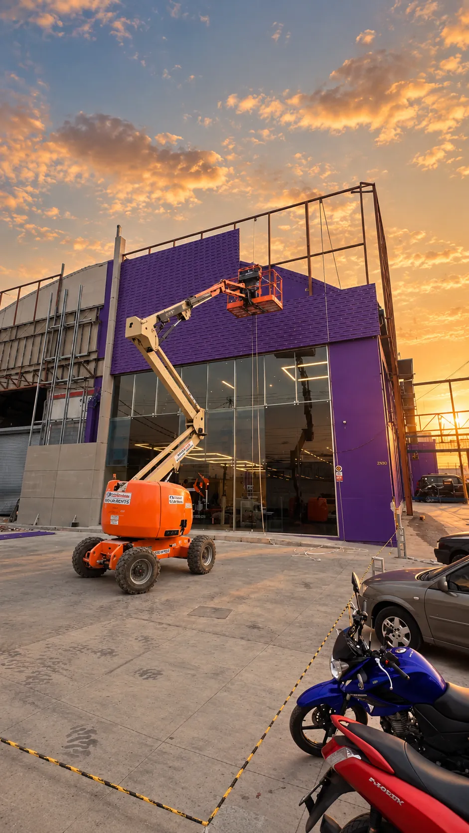 Commercial building facade with lift during installation