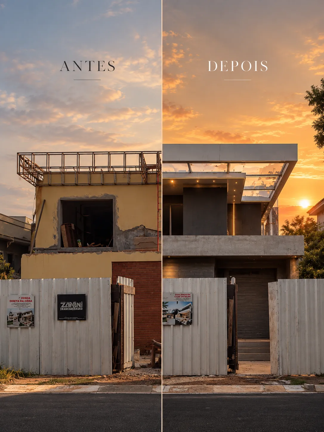 Residential home before and after roof structure and facade
