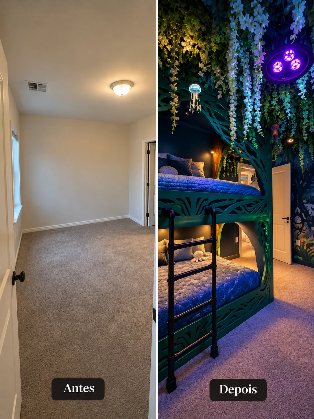 Bedroom before and after enchanted forest theme