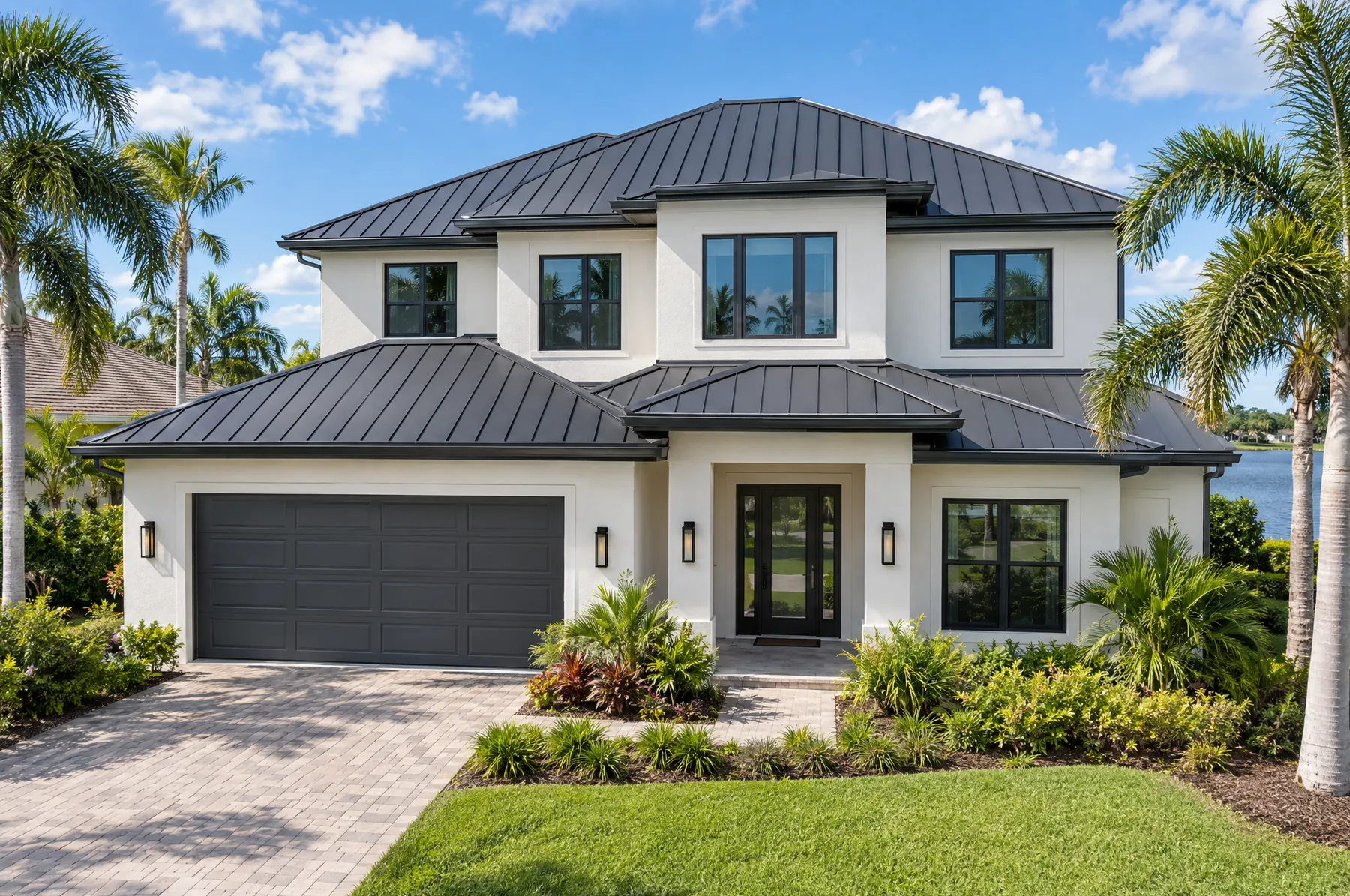 Two-story home with new charcoal standing-seam metal roof