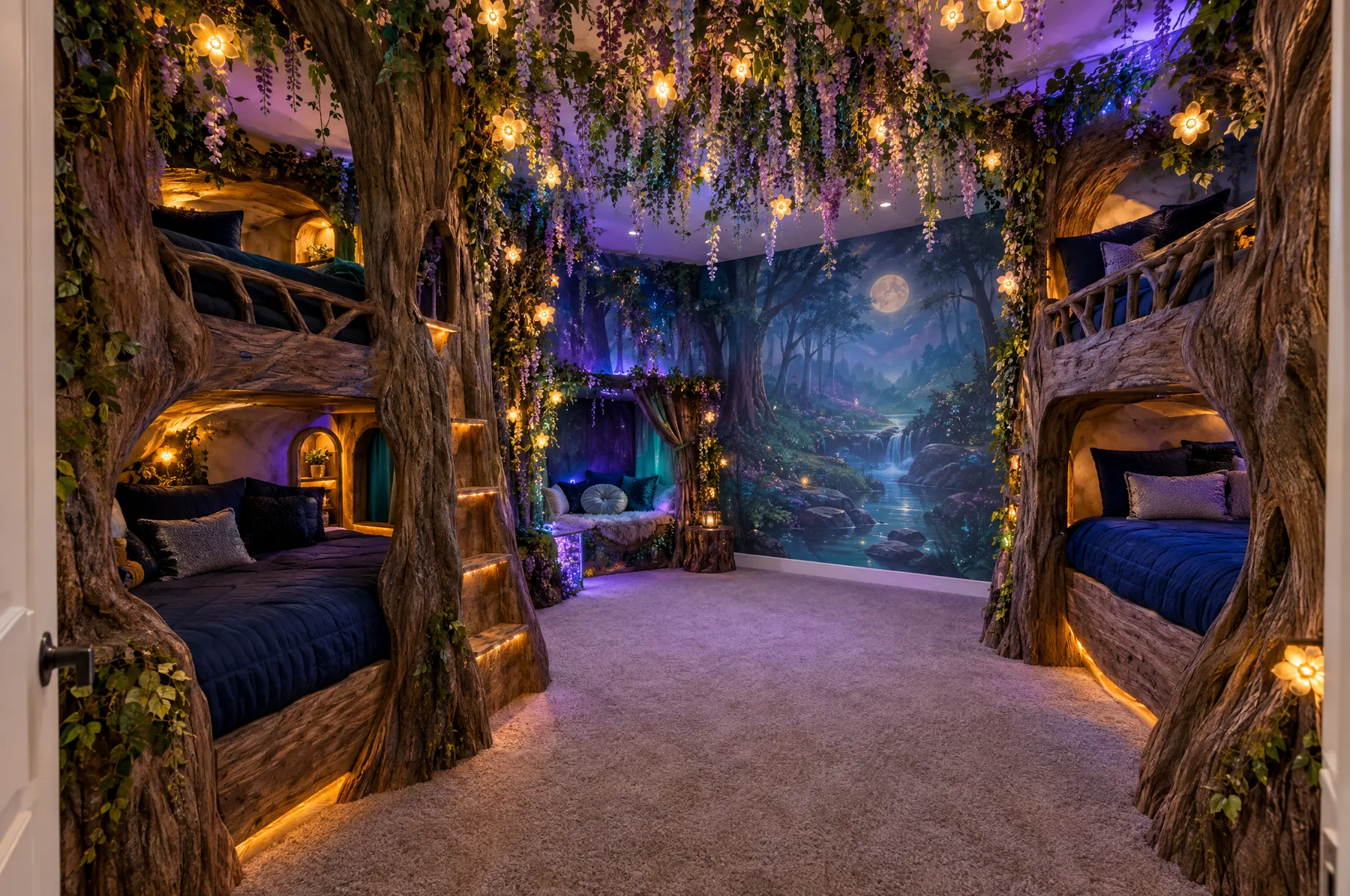 Enchanted forest themed kids bedroom with tree bunk beds