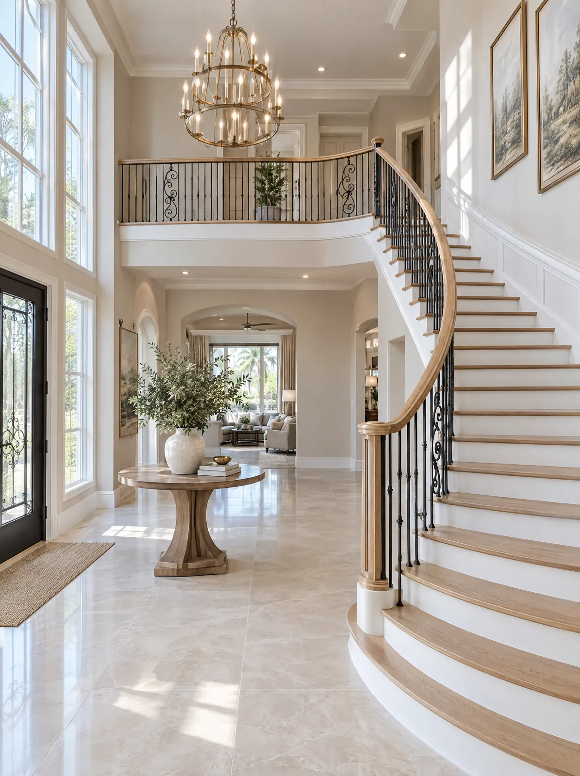 Curved foyer staircase with white oak treads and wrought-iron balusters