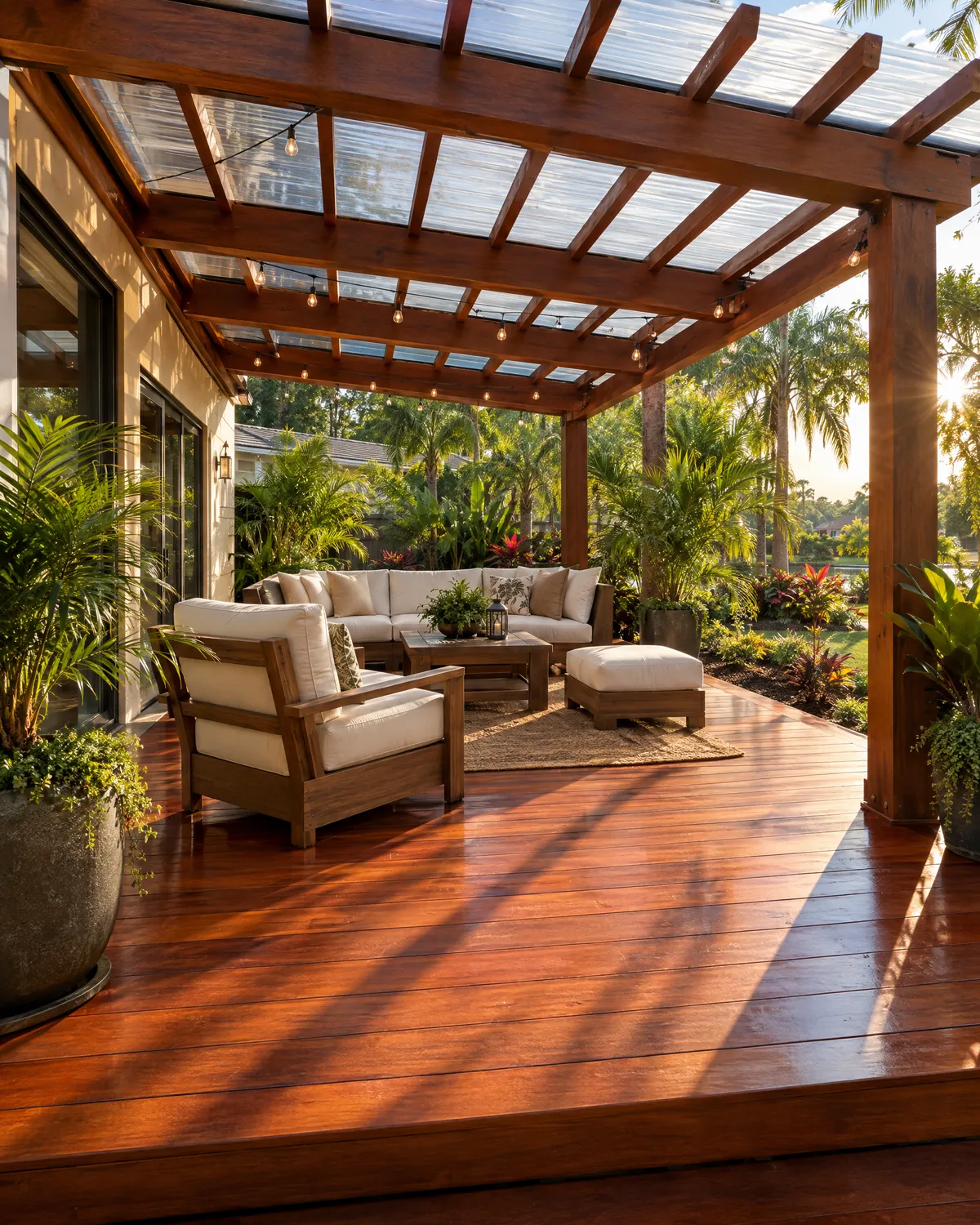 Hardwood deck with wood pergola and lounge furniture