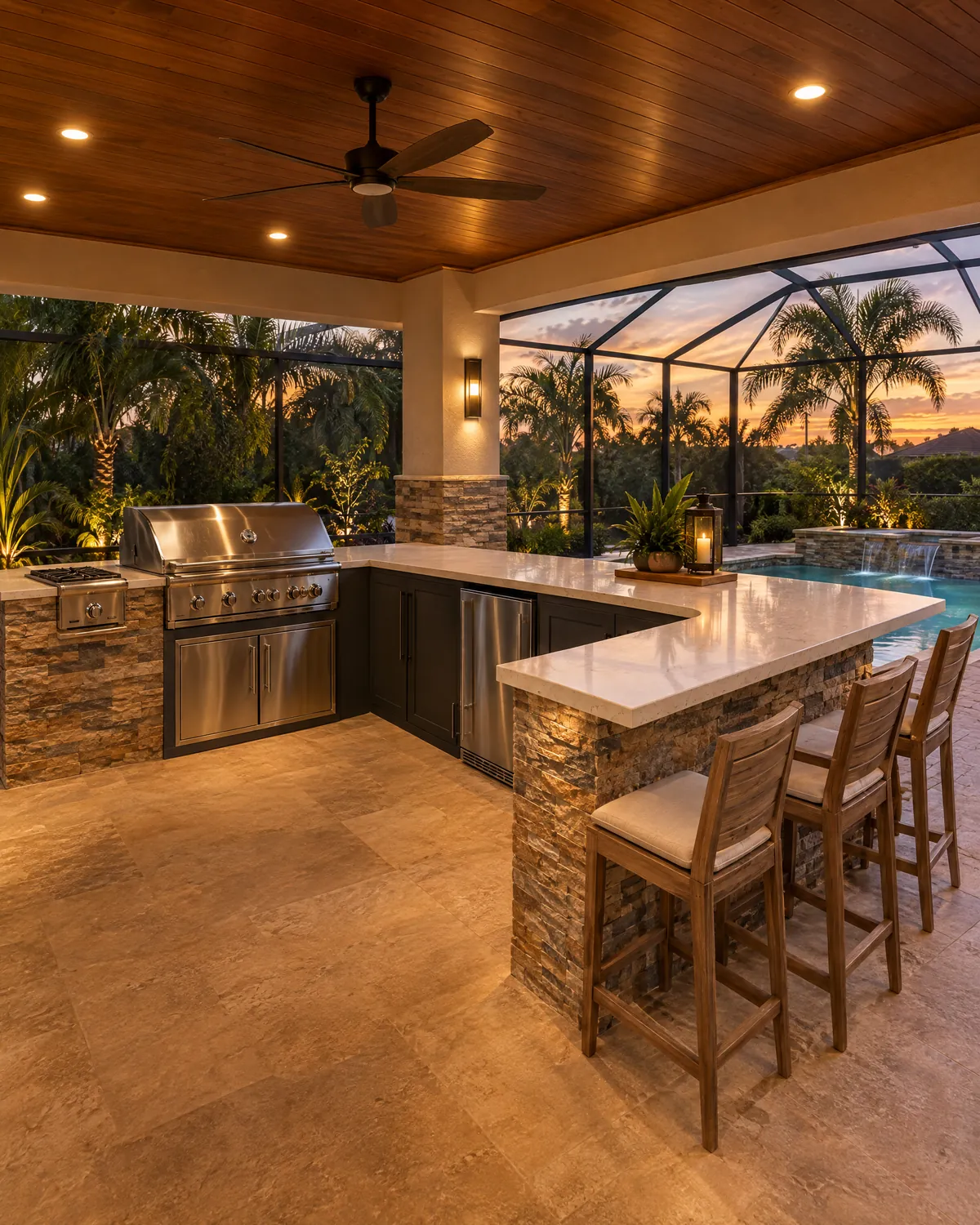 Outdoor kitchen with built-in grill under a covered lanai