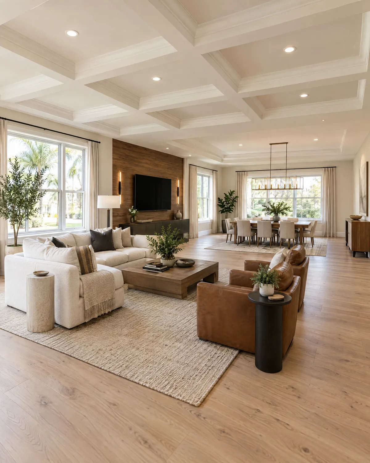 Remodeled open-concept living room with coffered ceiling